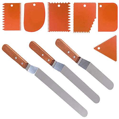 3 Angled Cake Spatula  6 Pieces Cake Scraper Smoother DaKuan 3 Sizes of Stainless Steel Cake Icing Spatulas with wooden handle (95 8 6)  6 Pieces Orange Cake Smoothing Cutter Plate Tool